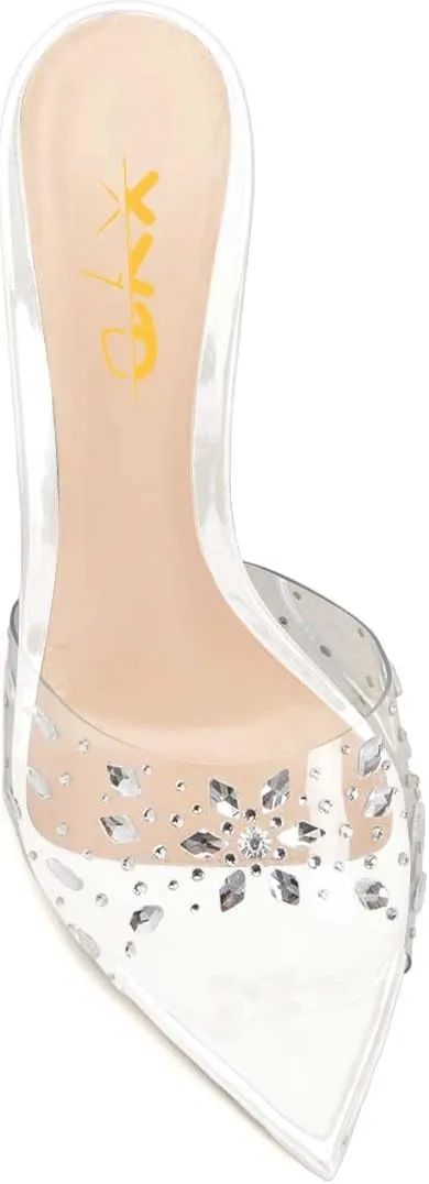 XYD Women Elegant Peep Pointed Toe Sandals High Stiletto Crystal Heel Mules Slip On PVC Rhinestones Party Office Work Summer Daily Shoes