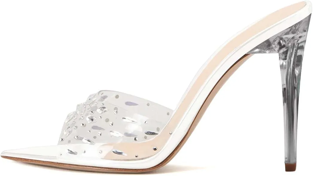 XYD Women Elegant Peep Pointed Toe Sandals High Stiletto Crystal Heel Mules Slip On PVC Rhinestones Party Office Work Summer Daily Shoes