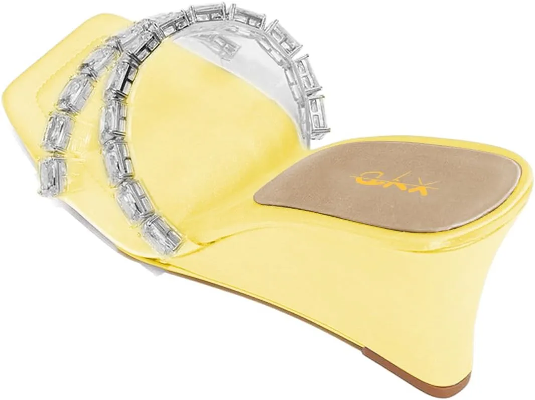 XYD Women Transparent PVC Rhinestones Wedges High Heel Slides Sandals Square Open Toe Summer Dress Shoes