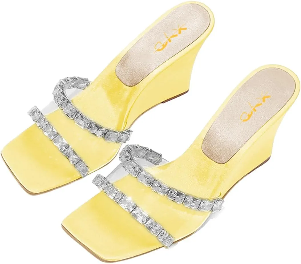 XYD Women Transparent PVC Rhinestones Wedges High Heel Slides Sandals Square Open Toe Summer Dress Shoes