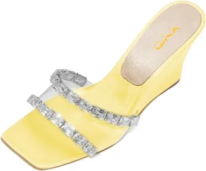 XYD Women Transparent PVC Rhinestones Wedges High Heel Slides Sandals Square Open Toe Summer Dress Shoes