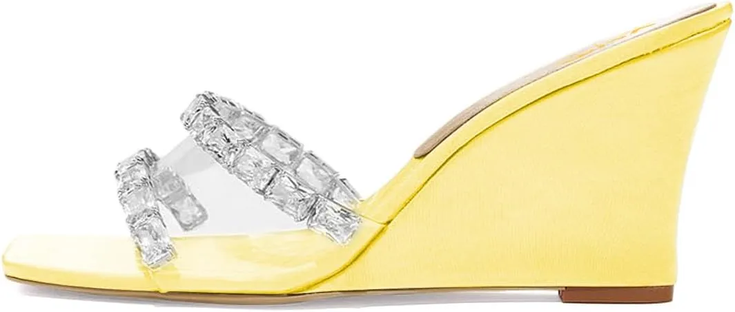 XYD Women Transparent PVC Rhinestones Wedges High Heel Slides Sandals Square Open Toe Summer Dress Shoes