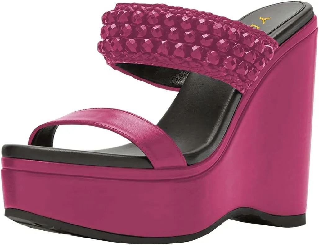 YDN Platform Wedge Heeled Sandals Mules for Women Open Toe Slip On Clogs Two Strap Slide lBackless Studded Rhinestone Summer Dress Shoes Size 4-15 US
