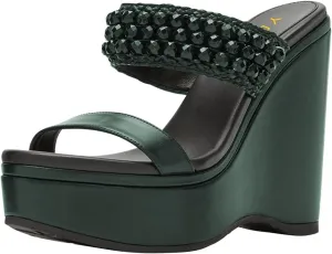 YDN Platform Wedge Heeled Sandals Mules for Women Open Toe Slip On Clogs Two Strap Slide lBackless Studded Rhinestone Summer Dress Shoes Size 4-15 US