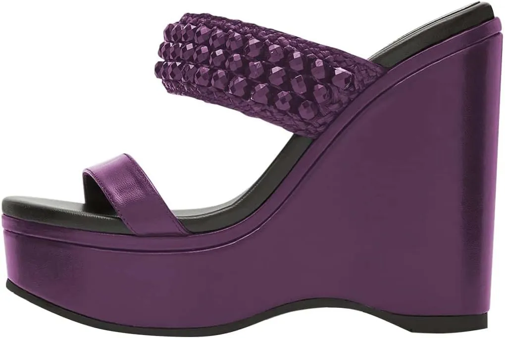 YDN Platform Wedge Heeled Sandals Mules for Women Open Toe Slip On Clogs Two Strap Slide lBackless Studded Rhinestone Summer Dress Shoes Size 4-15 US