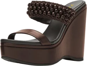 YDN Platform Wedge Heeled Sandals Mules for Women Open Toe Slip On Clogs Two Strap Slide lBackless Studded Rhinestone Summer Dress Shoes Size 4-15 US