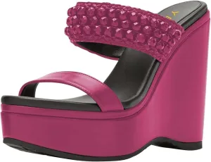 YDN Platform Wedge Heeled Sandals Mules for Women Open Toe Slip On Clogs Two Strap Slide lBackless Studded Rhinestone Summer Dress Shoes Size 4-15 US