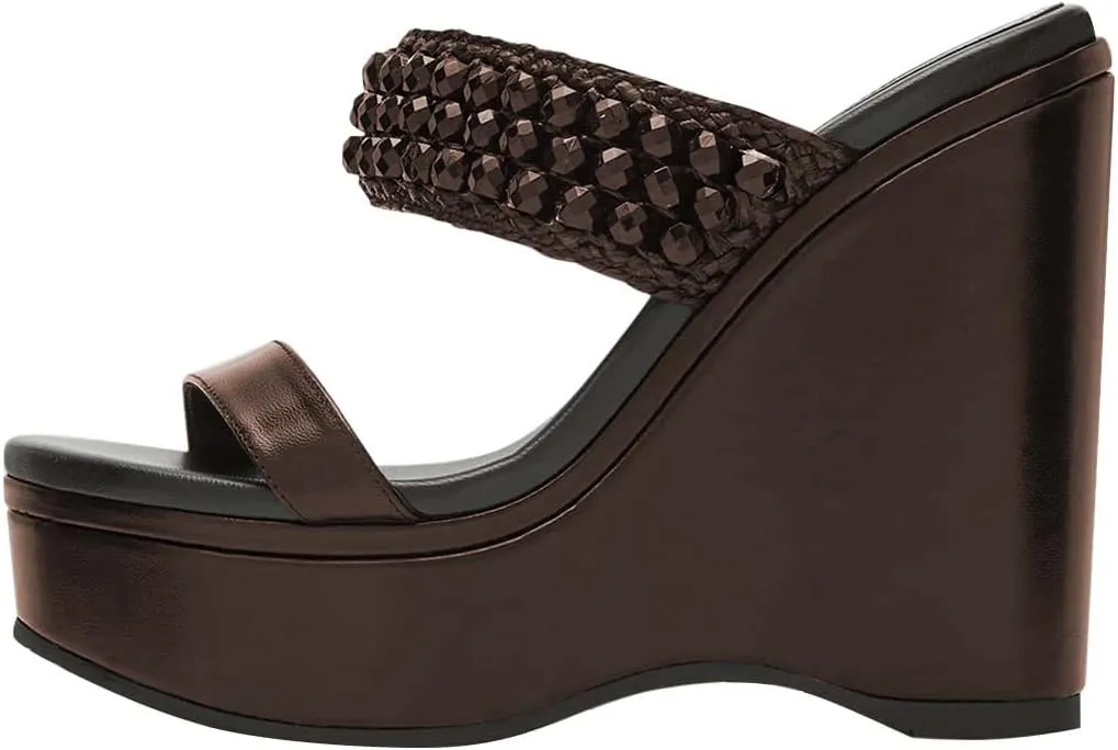 YDN Platform Wedge Heeled Sandals Mules for Women Open Toe Slip On Clogs Two Strap Slide lBackless Studded Rhinestone Summer Dress Shoes Size 4-15 US
