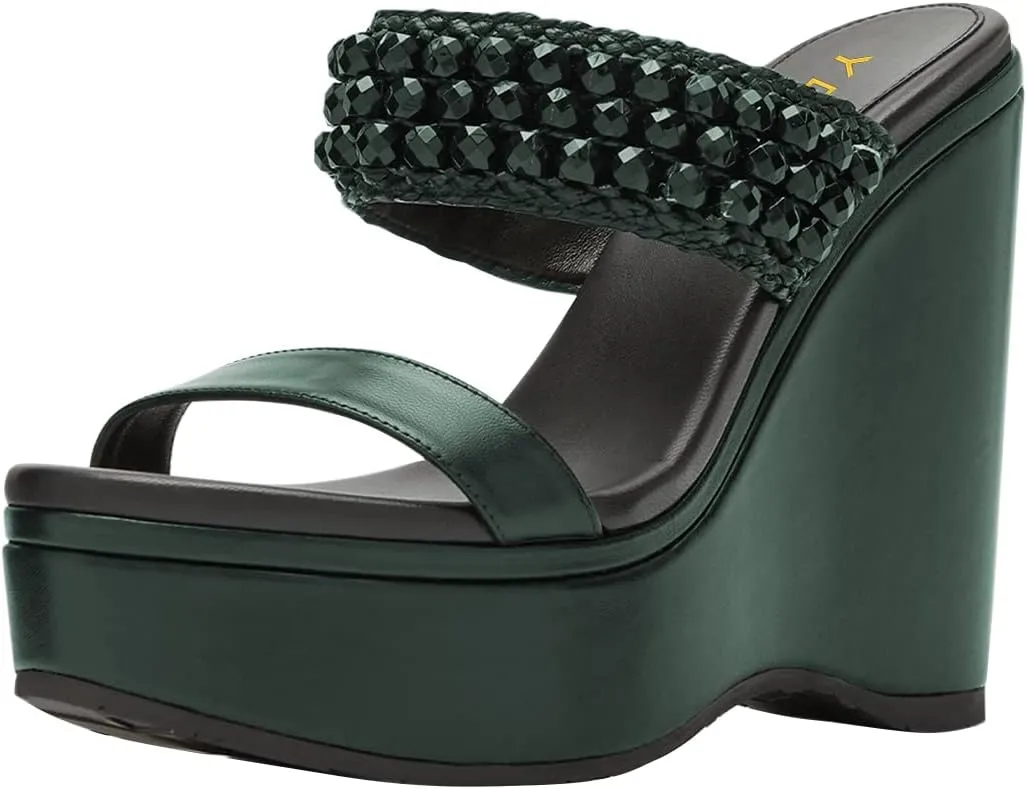 YDN Platform Wedge Heeled Sandals Mules for Women Open Toe Slip On Clogs Two Strap Slide lBackless Studded Rhinestone Summer Dress Shoes Size 4-15 US