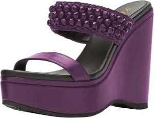 YDN Platform Wedge Heeled Sandals Mules for Women Open Toe Slip On Clogs Two Strap Slide lBackless Studded Rhinestone Summer Dress Shoes Size 4-15 US