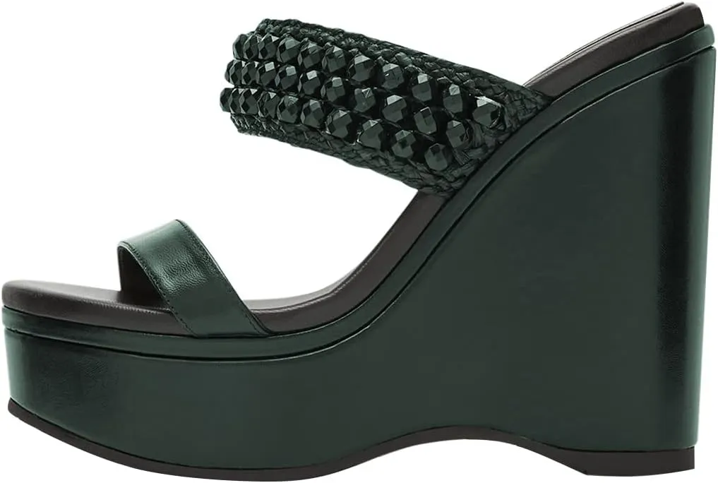 YDN Platform Wedge Heeled Sandals Mules for Women Open Toe Slip On Clogs Two Strap Slide lBackless Studded Rhinestone Summer Dress Shoes Size 4-15 US