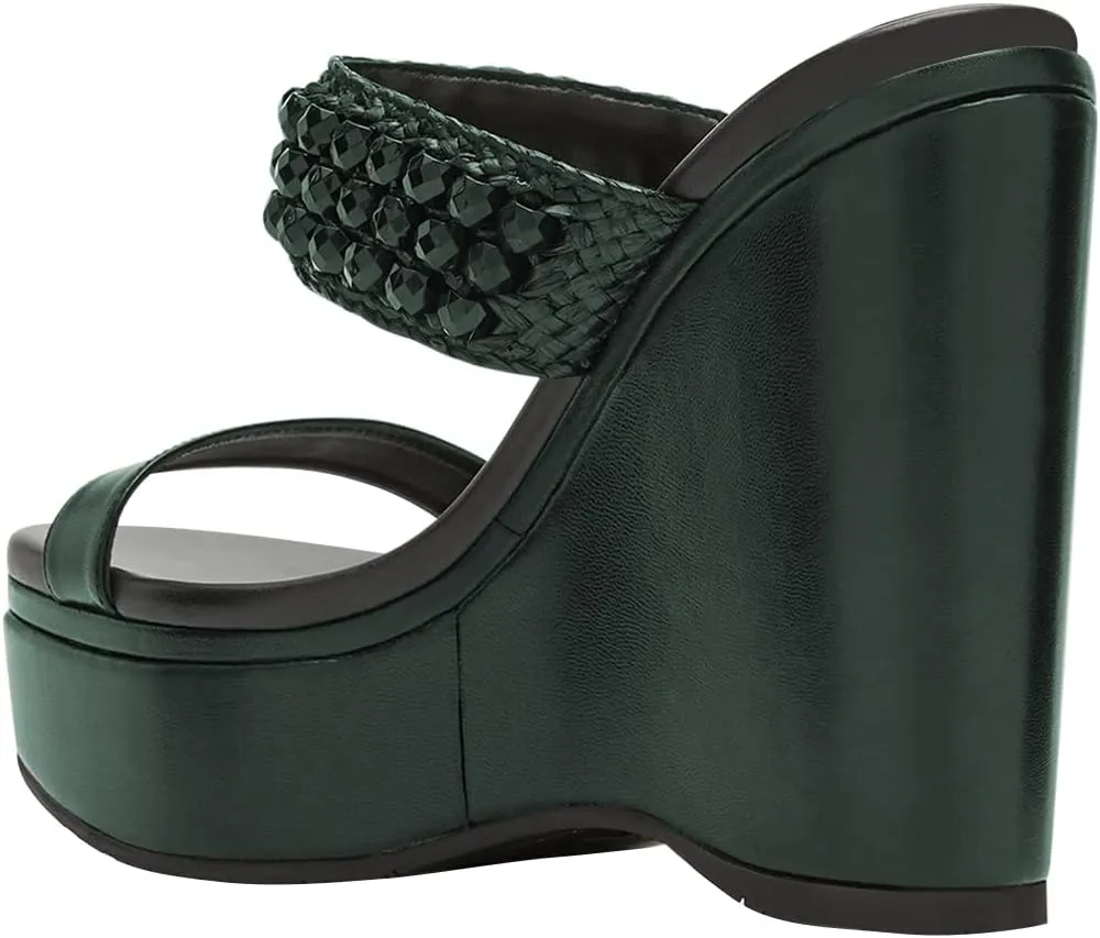 YDN Platform Wedge Heeled Sandals Mules for Women Open Toe Slip On Clogs Two Strap Slide lBackless Studded Rhinestone Summer Dress Shoes Size 4-15 US