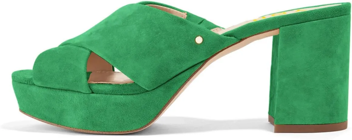 YDN Women Cross Strap Peep Toe Platform Chunky Block Heel Mules Pumps Slide Sandals Size 4-15 US