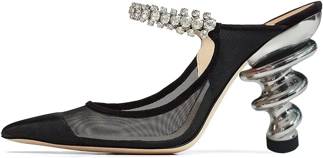 YDN Women Trendy Metallic Spiral Heels Slip On Sandals Rhinestone Strap Pumps Pointed Toe Mules Party Shoes 4-15 US