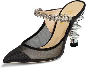 YDN Women Trendy Metallic Spiral Heels Slip On Sandals Rhinestone Strap Pumps Pointed Toe Mules Party Shoes 4-15 US