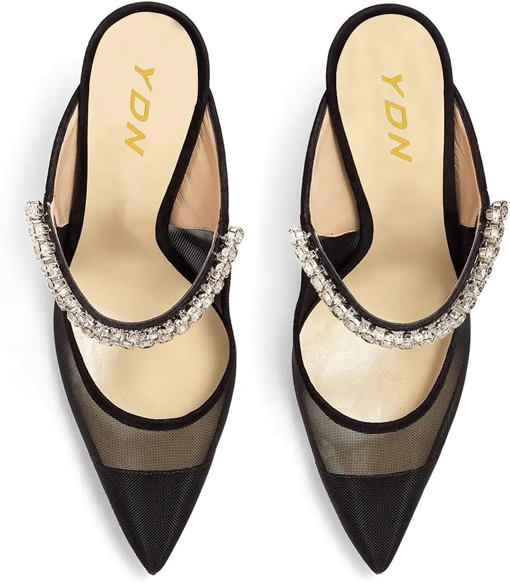 YDN Women Trendy Metallic Spiral Heels Slip On Sandals Rhinestone Strap Pumps Pointed Toe Mules Party Shoes 4-15 US