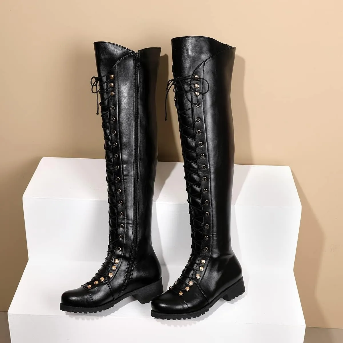 Yishaweiqi Over The Knee High Boots Lace-up Flat Long Boot PU Leather Riding boot