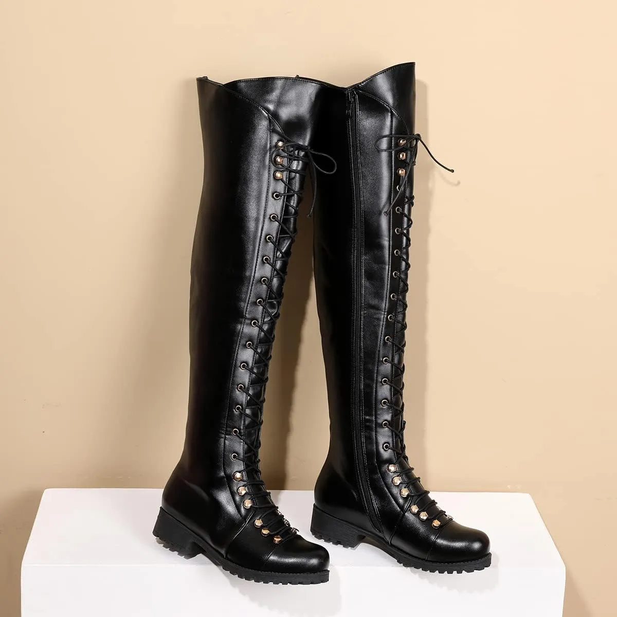 Yishaweiqi Over The Knee High Boots Lace-up Flat Long Boot PU Leather Riding boot