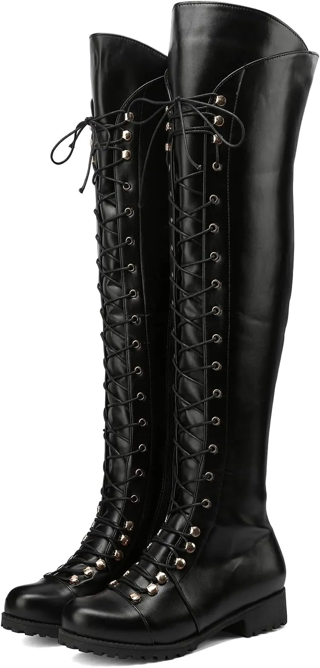 Yishaweiqi Over The Knee High Boots Lace-up Flat Long Boot PU Leather Riding boot