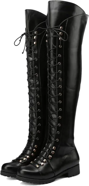 Yishaweiqi Over The Knee High Boots Lace-up Flat Long Boot PU Leather Riding boot
