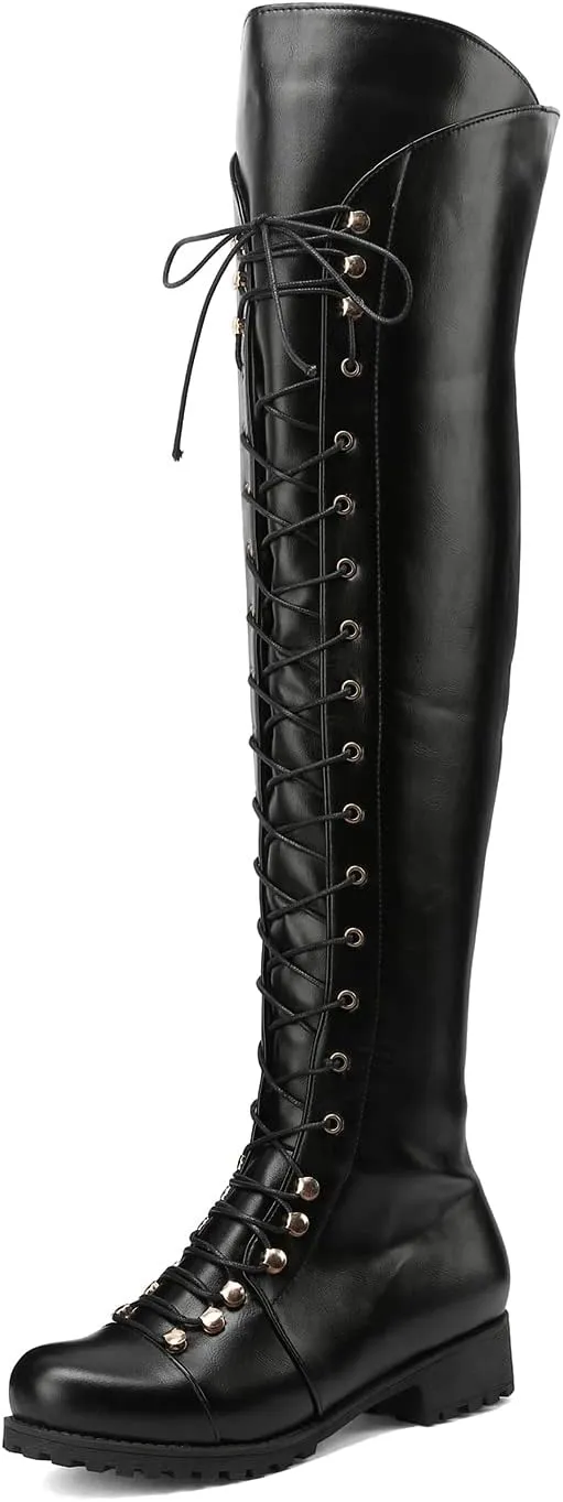 Yishaweiqi Over The Knee High Boots Lace-up Flat Long Boot PU Leather Riding boot