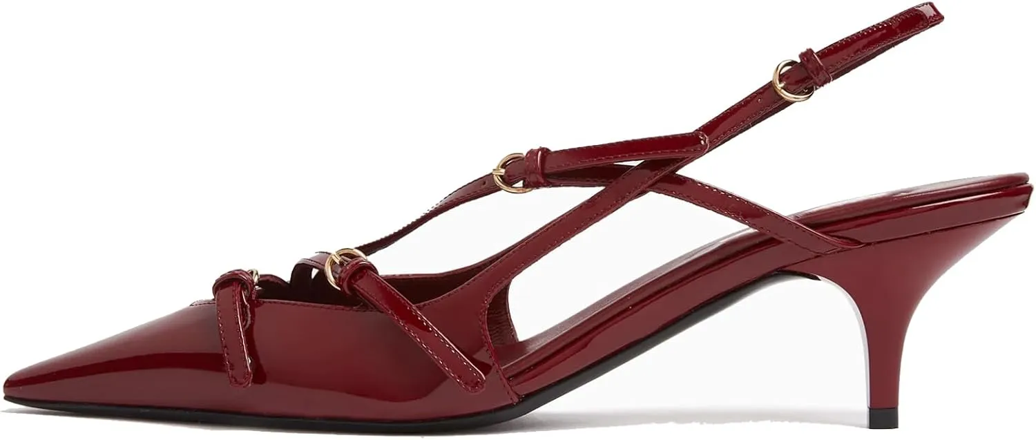 YIYA Women's Cherry Red Heels for Fall Slingback Closed Pointed Toe Stiletto High Heels Backless Slip-on Heeled Autumn Pumps Dress Shoes