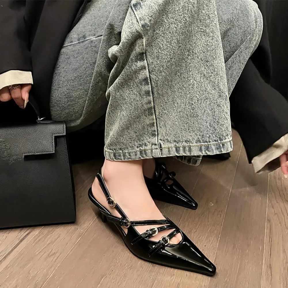 YIYA Women's Cherry Red Heels for Fall Slingback Closed Pointed Toe Stiletto High Heels Backless Slip-on Heeled Autumn Pumps Dress Shoes