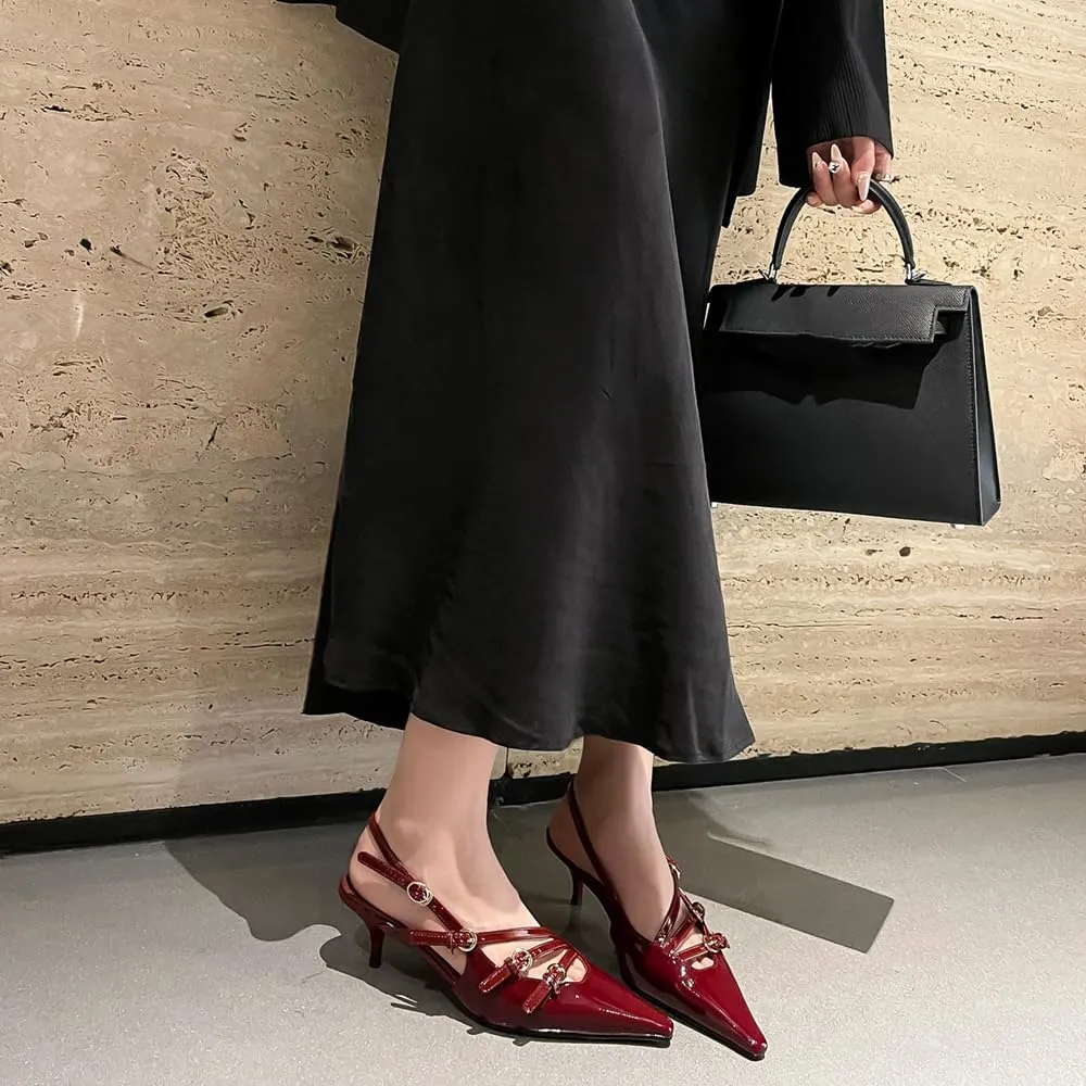 YIYA Women's Cherry Red Heels for Fall Slingback Closed Pointed Toe Stiletto High Heels Backless Slip-on Heeled Autumn Pumps Dress Shoes