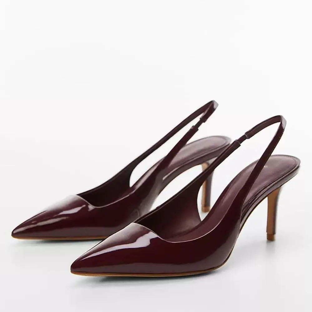 YIYA Women's Cherry Red Heels for Fall Slingback Closed Pointed Toe Stiletto High Heels Backless Slip-on Heeled Autumn Pumps Dress Shoes