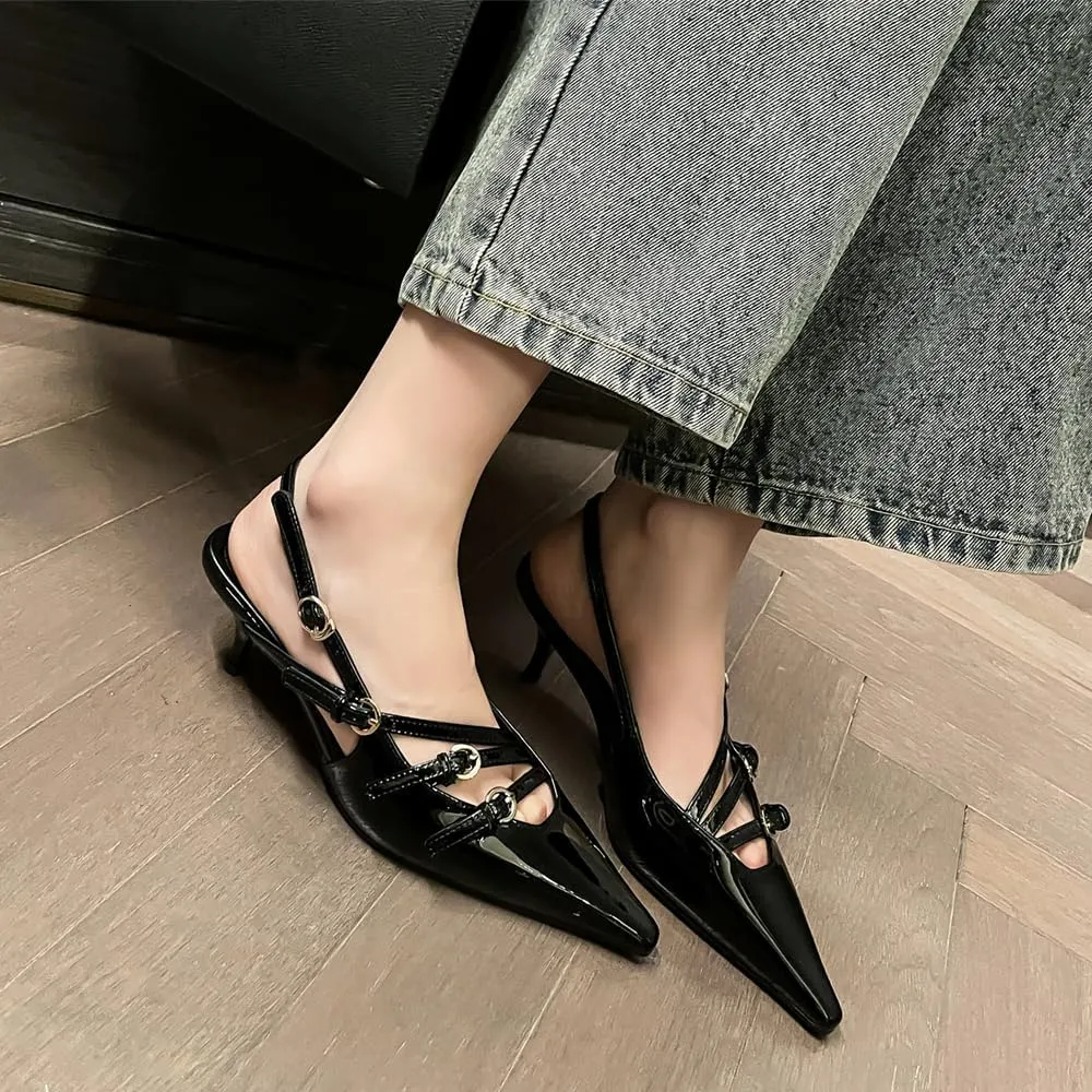 YIYA Women's Cherry Red Heels for Fall Slingback Closed Pointed Toe Stiletto High Heels Backless Slip-on Heeled Autumn Pumps Dress Shoes