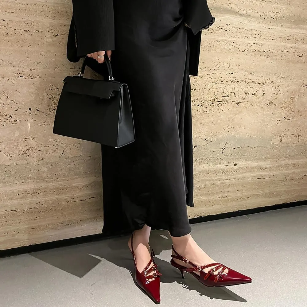 YIYA Women's Cherry Red Heels for Fall Slingback Closed Pointed Toe Stiletto High Heels Backless Slip-on Heeled Autumn Pumps Dress Shoes