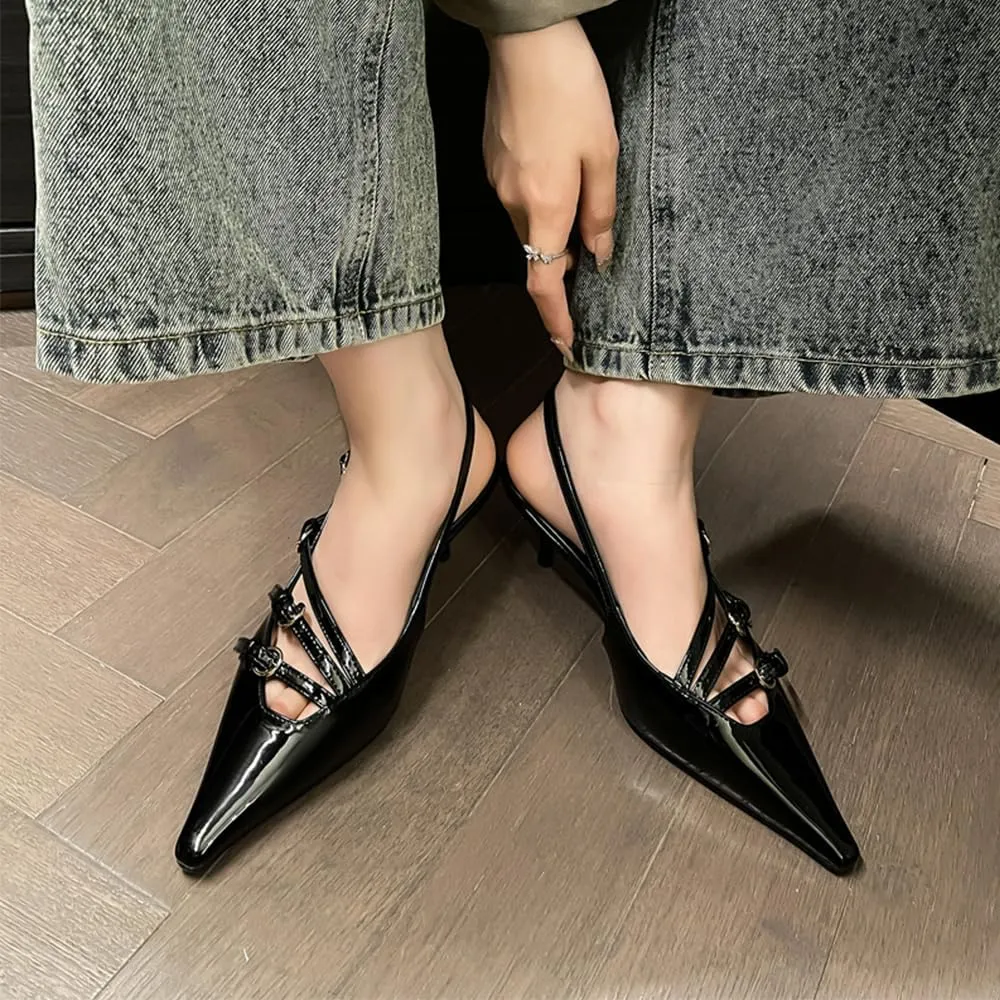 YIYA Women's Cherry Red Heels for Fall Slingback Closed Pointed Toe Stiletto High Heels Backless Slip-on Heeled Autumn Pumps Dress Shoes