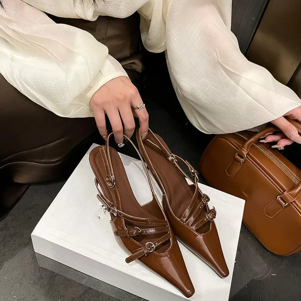 YIYA Women's Cherry Red Heels for Fall Slingback Closed Pointed Toe Stiletto High Heels Backless Slip-on Heeled Autumn Pumps Dress Shoes