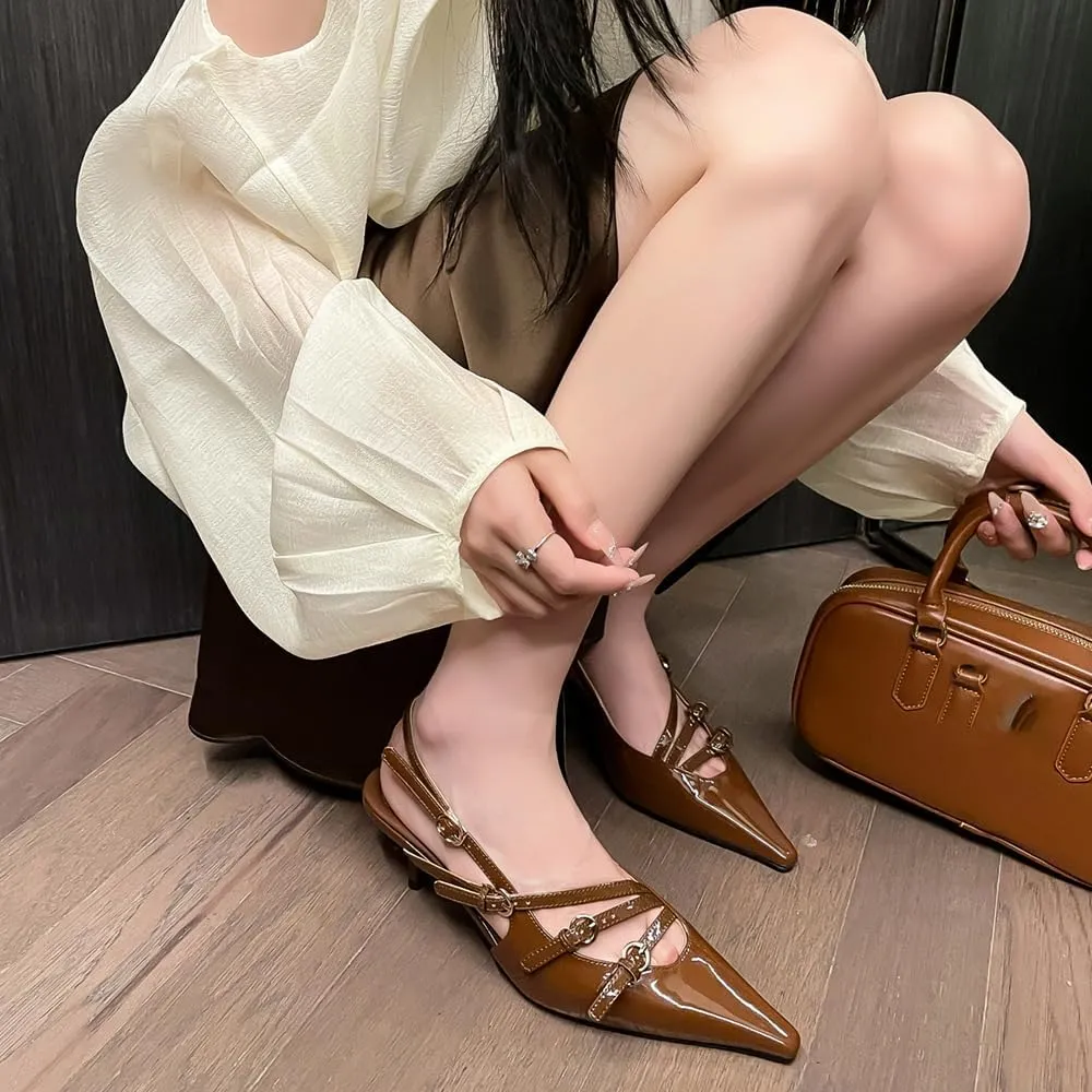 YIYA Women's Cherry Red Heels for Fall Slingback Closed Pointed Toe Stiletto High Heels Backless Slip-on Heeled Autumn Pumps Dress Shoes