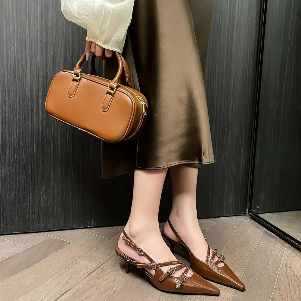 YIYA Women's Cherry Red Heels for Fall Slingback Closed Pointed Toe Stiletto High Heels Backless Slip-on Heeled Autumn Pumps Dress Shoes