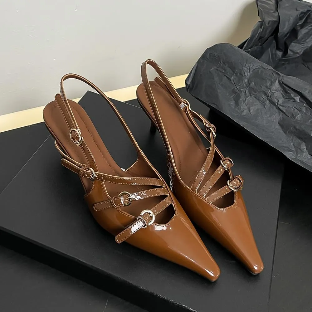 YIYA Women's Cherry Red Heels for Fall Slingback Closed Pointed Toe Stiletto High Heels Backless Slip-on Heeled Autumn Pumps Dress Shoes