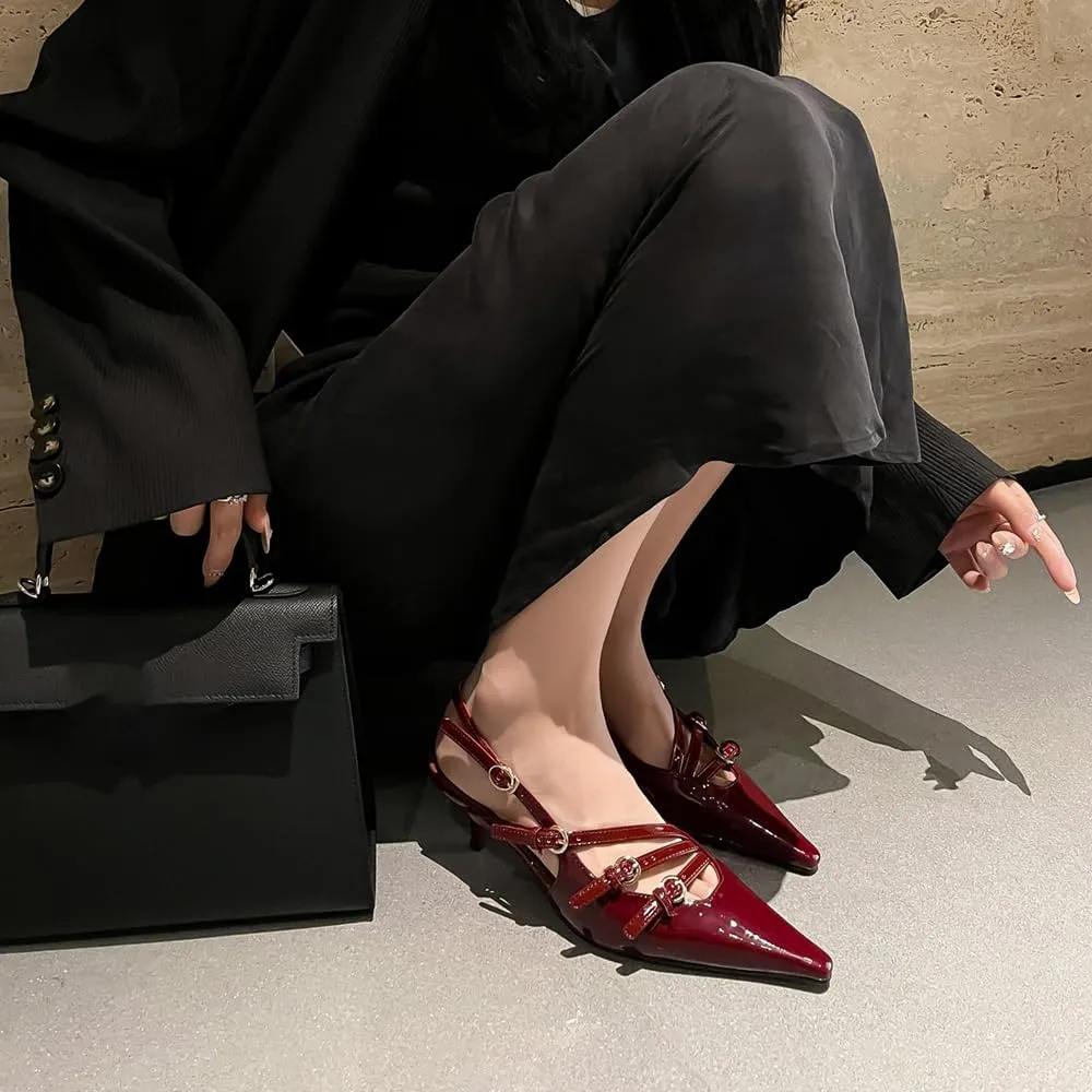 YIYA Women's Cherry Red Heels for Fall Slingback Closed Pointed Toe Stiletto High Heels Backless Slip-on Heeled Autumn Pumps Dress Shoes