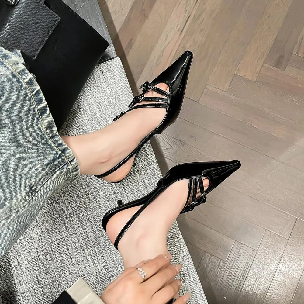 YIYA Women's Cherry Red Heels for Fall Slingback Closed Pointed Toe Stiletto High Heels Backless Slip-on Heeled Autumn Pumps Dress Shoes