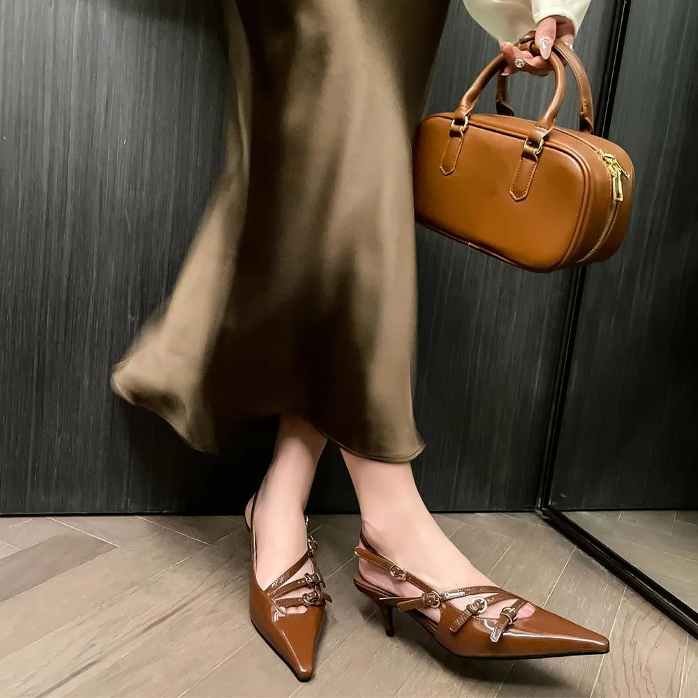 YIYA Women's Cherry Red Heels for Fall Slingback Closed Pointed Toe Stiletto High Heels Backless Slip-on Heeled Autumn Pumps Dress Shoes