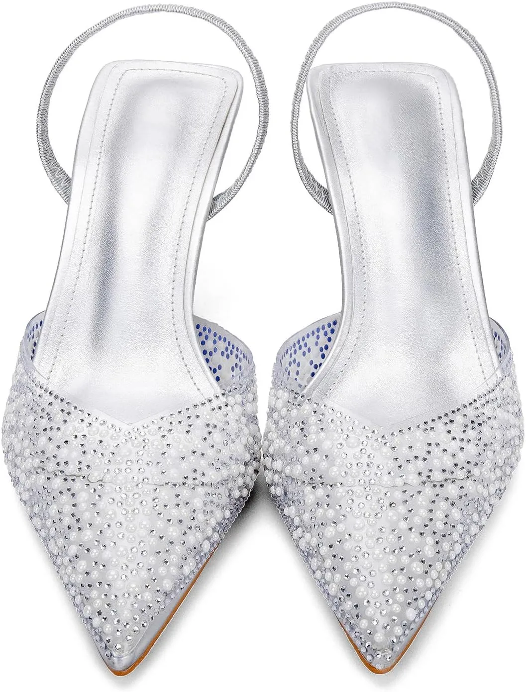 YIYA Women's Clear Slingback Heels with Pearl Studded Pointed Toe Kitten Mid Heels Sparkly Rhinestone Slip On Wedding Party Shoes