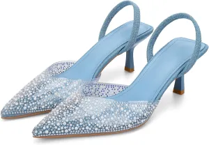 YIYA Women's Clear Slingback Heels with Pearl Studded Pointed Toe Kitten Mid Heels Sparkly Rhinestone Slip On Wedding Party Shoes