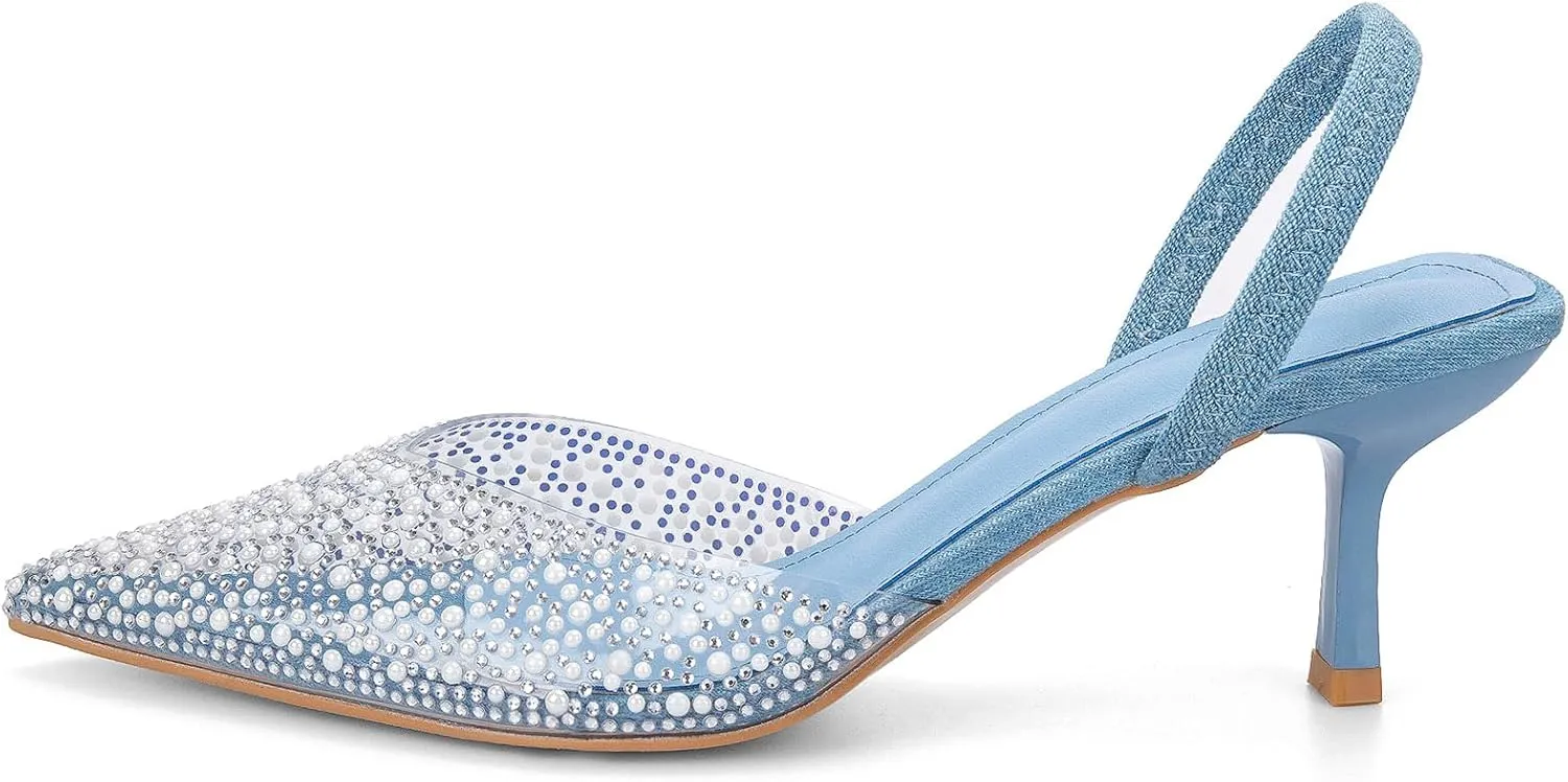 YIYA Women's Clear Slingback Heels with Pearl Studded Pointed Toe Kitten Mid Heels Sparkly Rhinestone Slip On Wedding Party Shoes