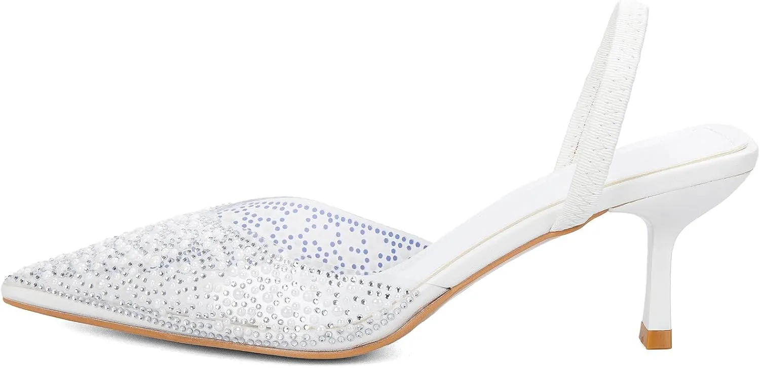YIYA Women's Clear Slingback Heels with Pearl Studded Pointed Toe Kitten Mid Heels Sparkly Rhinestone Slip On Wedding Party Shoes