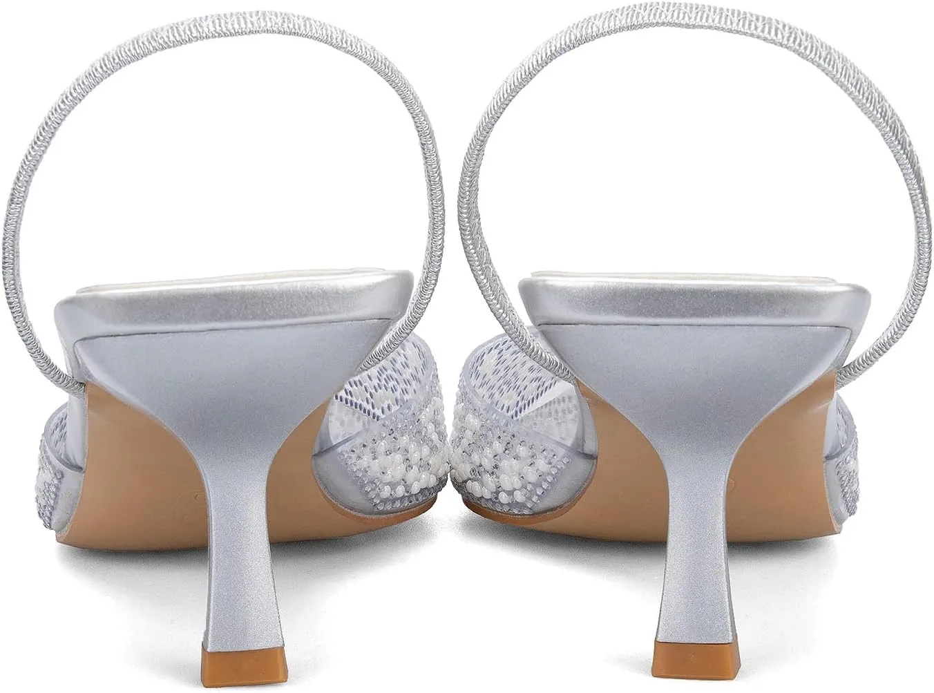 YIYA Women's Clear Slingback Heels with Pearl Studded Pointed Toe Kitten Mid Heels Sparkly Rhinestone Slip On Wedding Party Shoes