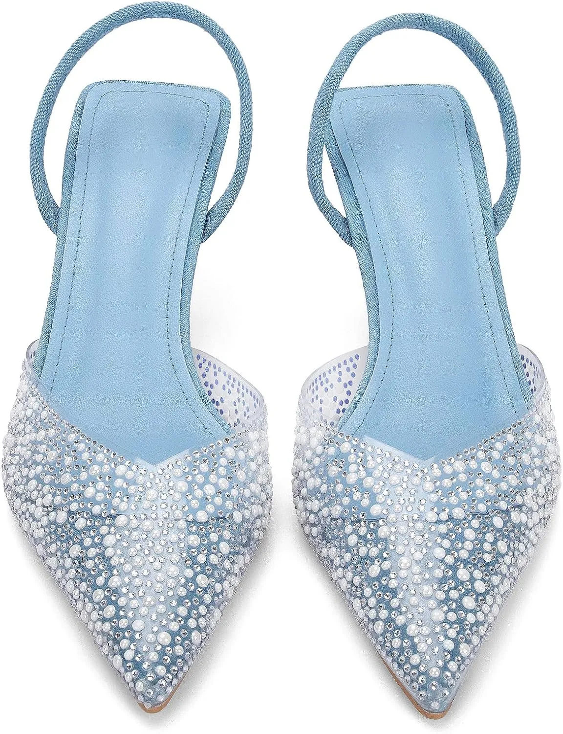 YIYA Women's Clear Slingback Heels with Pearl Studded Pointed Toe Kitten Mid Heels Sparkly Rhinestone Slip On Wedding Party Shoes