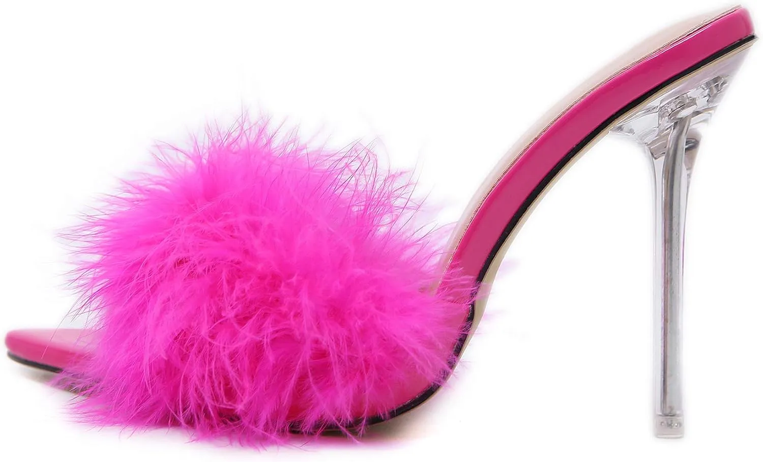 YIYA Women's Feather High Heels Slides Sexy Peep Toe Summer Fur Slippers Clear Heeled Mules Slip On Slide Sandal
