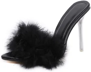 YIYA Women's Feather High Heels Slides Sexy Peep Toe Summer Fur Slippers Clear Heeled Mules Slip On Slide Sandal