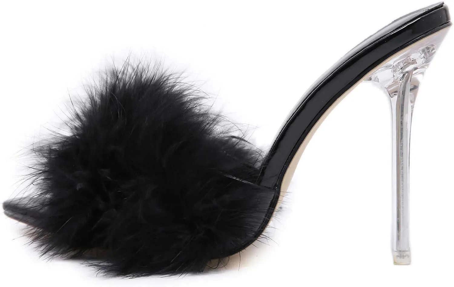 YIYA Women's Feather High Heels Slides Sexy Peep Toe Summer Fur Slippers Clear Heeled Mules Slip On Slide Sandal