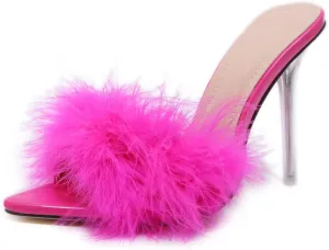 YIYA Women's Feather High Heels Slides Sexy Peep Toe Summer Fur Slippers Clear Heeled Mules Slip On Slide Sandal