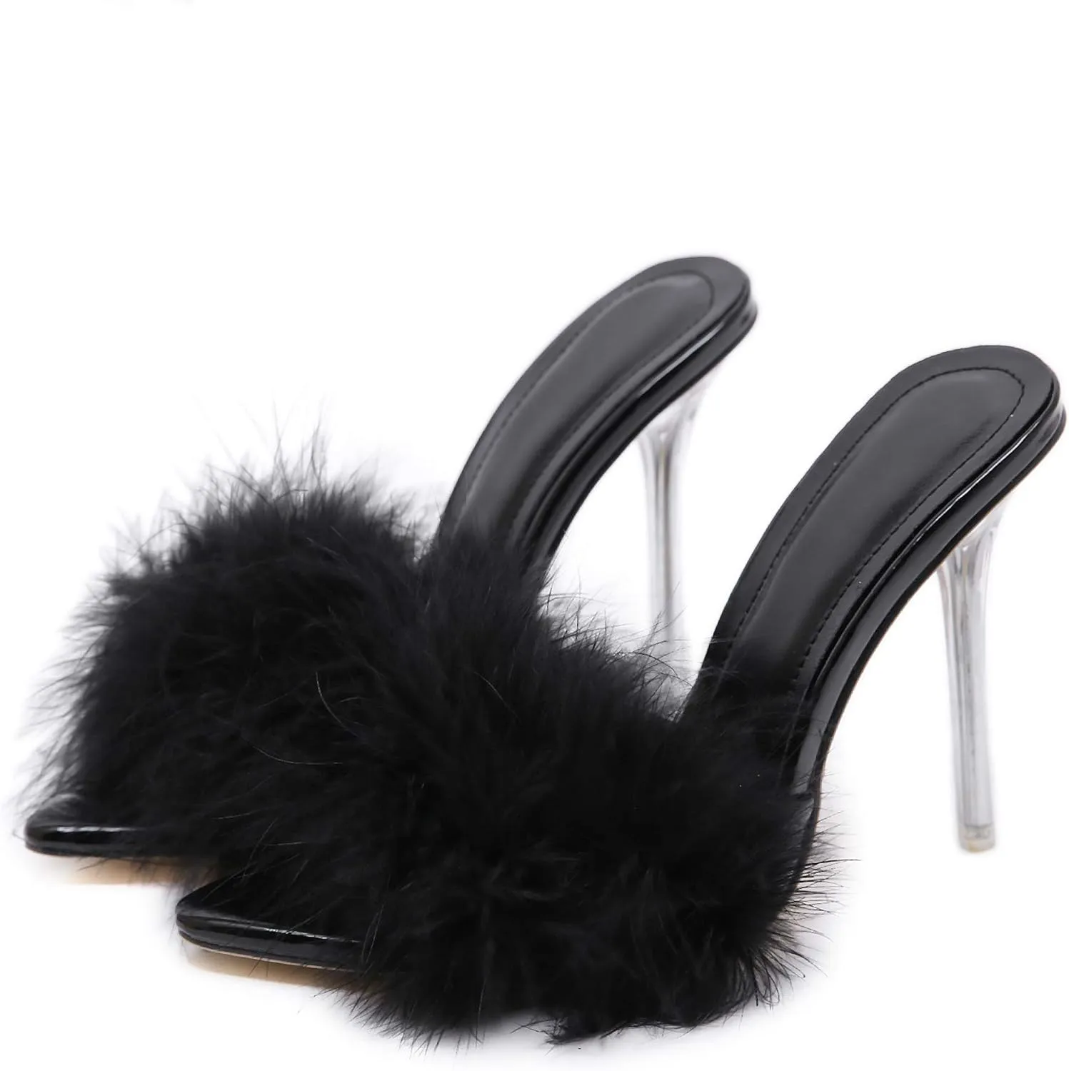 YIYA Women's Feather High Heels Slides Sexy Peep Toe Summer Fur Slippers Clear Heeled Mules Slip On Slide Sandal
